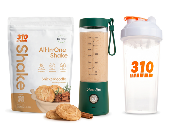 310 Blend & Go — Snickerdoodle All-In-One Shake, BlendJet 2 in Emerald, and 310 shaker cup