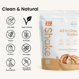 310 Shake Caramel Sundae all-in-one shake pouch: non-GMO, vegan friendly, no soy, no gluten, no dairy, zero sugar, no preservatives, no artificial ingredients