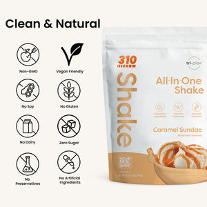 310 Shake Caramel Sundae all-in-one shake pouch: non-GMO, vegan friendly, no soy, no gluten, no dairy, zero sugar, no preservatives, no artificial ingredients