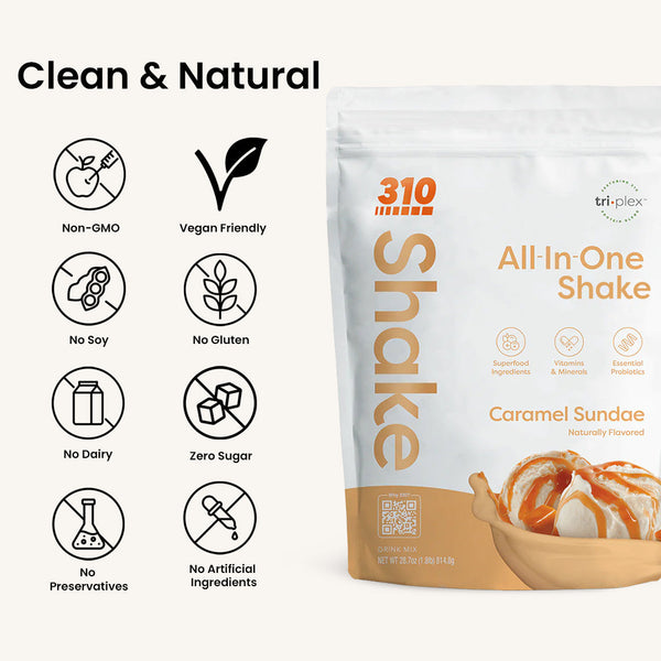 310 Shake Caramel Sundae all-in-one shake pouch: non-GMO, vegan friendly, no soy, no gluten, no dairy, zero sugar, no preservatives, no artificial ingredients