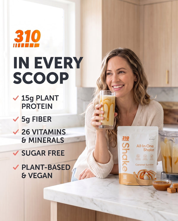 310 Shake Caramel Sundae: in every scoop, 15g plant protein, 5g fiber, 26 vitamins and minerals, sugar free, plant-based and vegan
