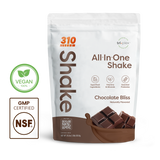 310 Shake Chocolate Bliss all-in-one shake pouch with 100% Vegan and NSF GMP Certified badges