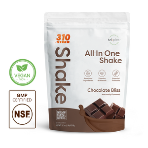 310 Shake Chocolate Bliss all-in-one shake pouch with 100% Vegan and NSF GMP Certified badges