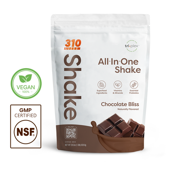 310 Shake Chocolate Bliss all-in-one shake pouch with 100% Vegan and NSF GMP Certified badges