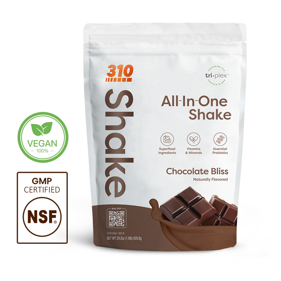 310 Shake Chocolate Bliss all-in-one shake pouch with 100% Vegan and NSF GMP Certified badges