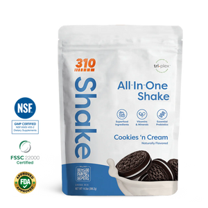 310 Shake Cookies N' Cream all-in-one shake pouch with 100% Vegan and NSF GMP Certified badges