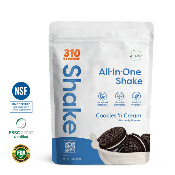 310 Shake Cookies N' Cream all-in-one shake pouch with 100% Vegan and NSF GMP Certified badges