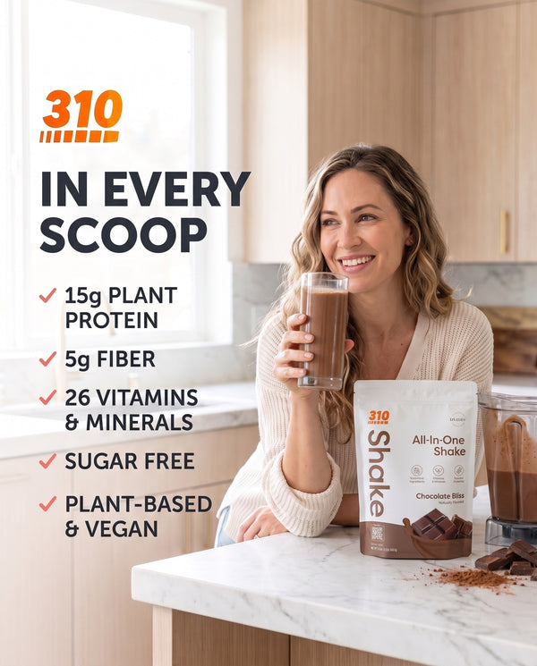 310 Shake Chocolate Bliss: in every scoop, 15g plant protein, 5g fiber, 26 vitamins and minerals, sugar free, plant-based and vegan