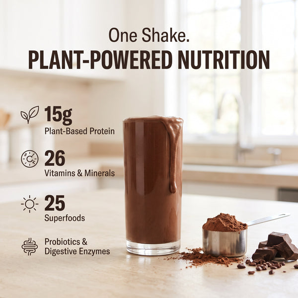 310 Shake Chocolate Bliss: one shake, plant-powered nutrition. 15g plant-based protein, 26 vitamins and minerals, 25 superfoods, probiotics and digestive enzymes