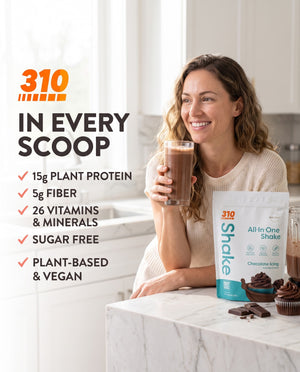 310 Chocolate Icing All-In-One Shake with 15g plant protein, 5g fiber, 26 vitamins and minerals, sugar free, plant-based
