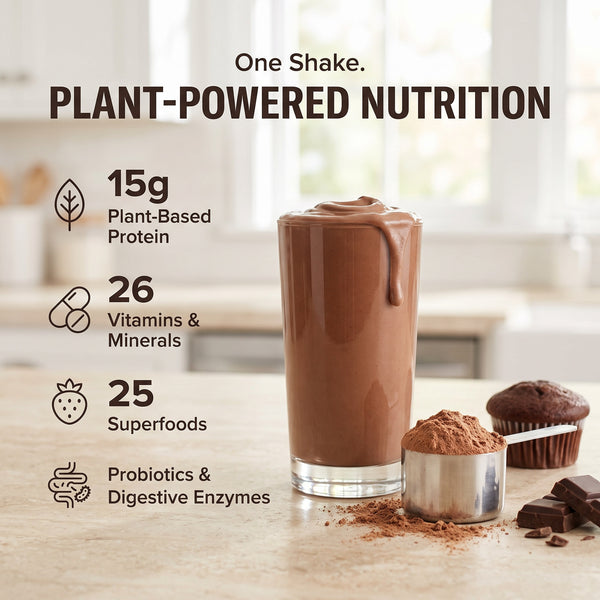 310 Shake Chocolate Icing: one shake, plant-powered nutrition. 15g plant-based protein, 26 vitamins and minerals, 25 superfoods, probiotics and digestive enzymes