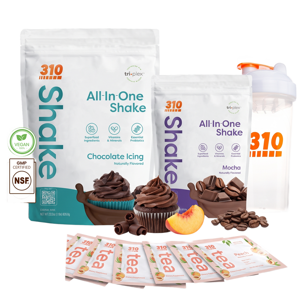 310 Chocolate Lover's Stack — Chocolate Icing & Mocha All-In-One Shakes, 6 Peach tea sticks & shaker cup