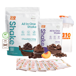 310 Chocolate Lover's Stack — Chocolate Icing & Mocha All-In-One Shakes, 6 Peach tea sticks & shaker cup