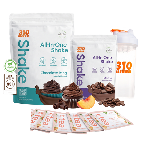 310 Chocolate Lover's Stack — Chocolate Icing & Mocha All-In-One Shakes, 6 Peach tea sticks & shaker cup