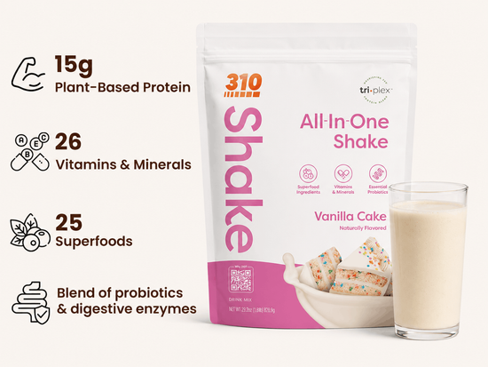 310 All-In-One Shake Vanilla Cake pouch: 15g plant-based protein, 26 vitamins and minerals, 25 superfoods, probiotics and digestive enzymes