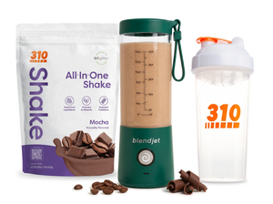 310 Blend & Go — Mocha All-In-One Shake, BlendJet 2 in Emerald, and 310 shaker cup