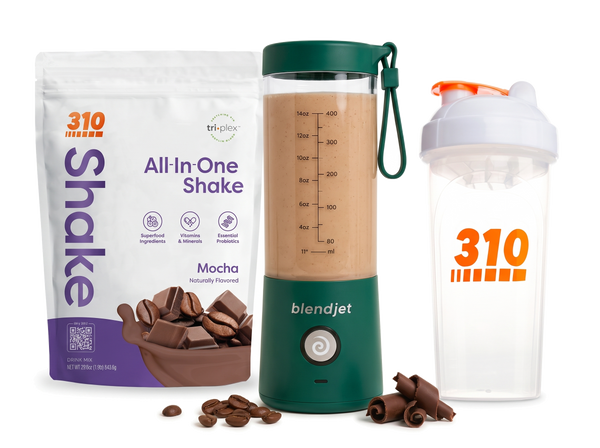 310 Blend & Go — Mocha All-In-One Shake, BlendJet 2 in Emerald, and 310 shaker cup