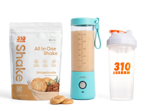310 Blend & Go — Snickerdoodle All-In-One Shake, BlendJet 2 in Sky Blue, and 310 shaker cup