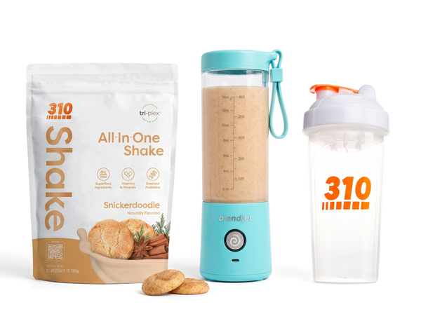 310 Blend & Go — Snickerdoodle All-In-One Shake, BlendJet 2 in Sky Blue, and 310 shaker cup