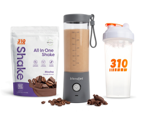 310 Blend & Go — Mocha All-In-One Shake, BlendJet 2 in Slate, and 310 shaker cup