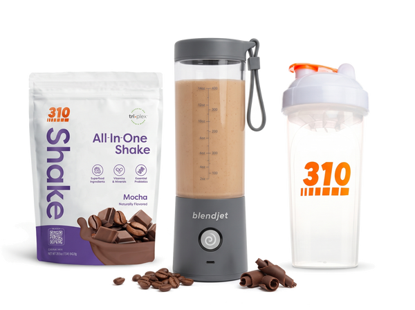 310 Blend & Go — Mocha All-In-One Shake, BlendJet 2 in Slate, and 310 shaker cup