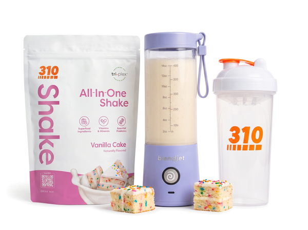 310 Blend & Go — Vanilla Cake All-In-One Shake, BlendJet 2 in Periwinkle, and 310 shaker cup