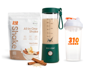 310 Blend & Go — Horchata All-In-One Shake, BlendJet 2 in Emerald, and 310 shaker cup