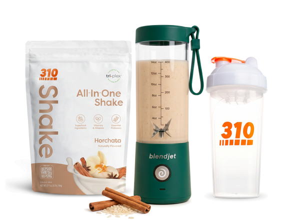 310 Blend & Go — Horchata All-In-One Shake, BlendJet 2 in Emerald, and 310 shaker cup