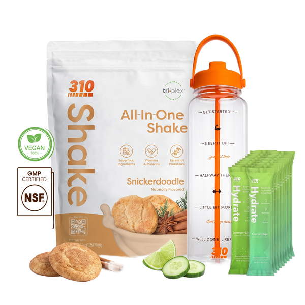 310 Hydration Bundle — Snickerdoodle All-In-One Shake, 14 Hydrate electrolyte sticks & 40oz water tracker bottle