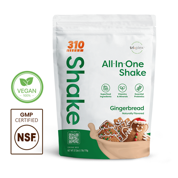 310 Shake Gingerbread all-in-one shake pouch with 100% Vegan and NSF GMP Certified badges