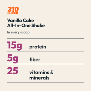 310 Vanilla Cake All-In-One Shake: 15g protein, 5g fiber and 25 vitamins and minerals per scoop