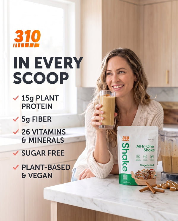 310 Shake Gingerbread: in every scoop, 15g plant protein, 5g fiber, 26 vitamins and minerals, sugar free, plant-based and vegan