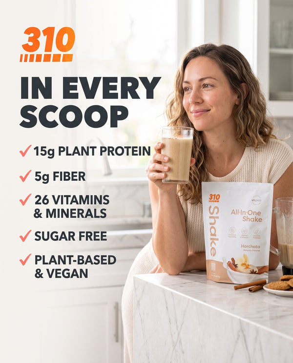 310 Horchata All-In-One Shake with 15g plant protein, 5g fiber, 26 vitamins and minerals, sugar free, plant-based