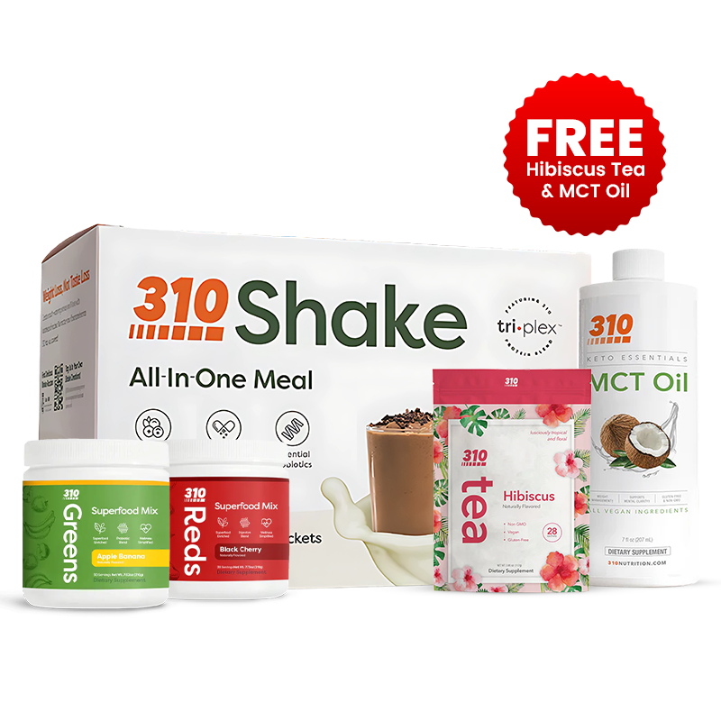 310 shake pack, 310 greens and reds with free hibiscus tea and MCT oil