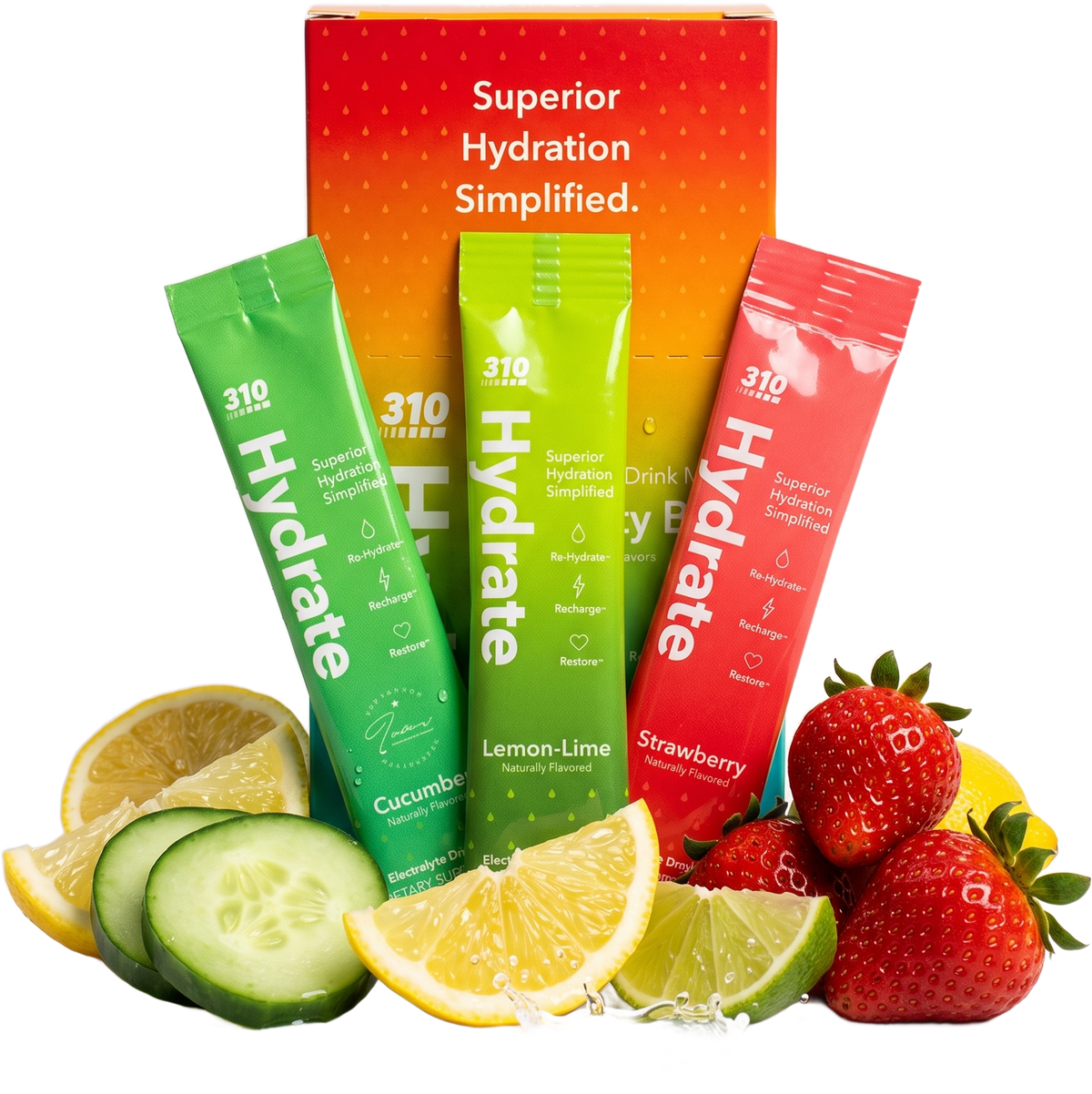310 Hydrate Variety Box with fresh lemon, lime, cucumber and strawberry