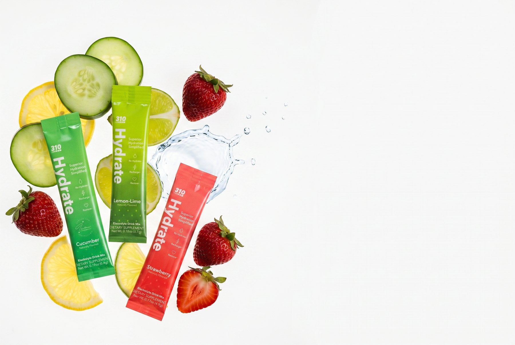 310 Hydrate Cucumber, Lemon-Lime and Strawberry sticks with fresh fruit and water