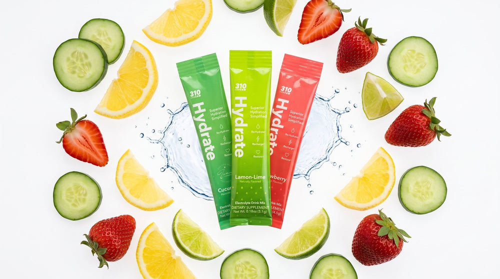 310 Hydrate Cucumber, Lemon-Lime and Strawberry sticks with fresh fruit and water