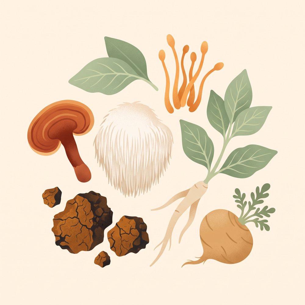 Illustration of reishi, lion's mane, chaga, cordyceps, ashwagandha and maca