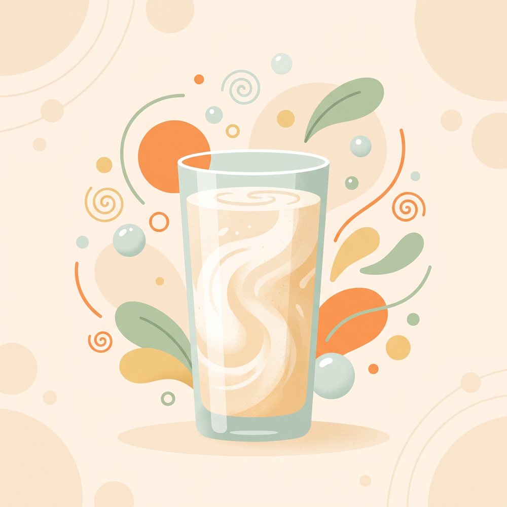 Illustration of a creamy shake with probiotic culture motifs