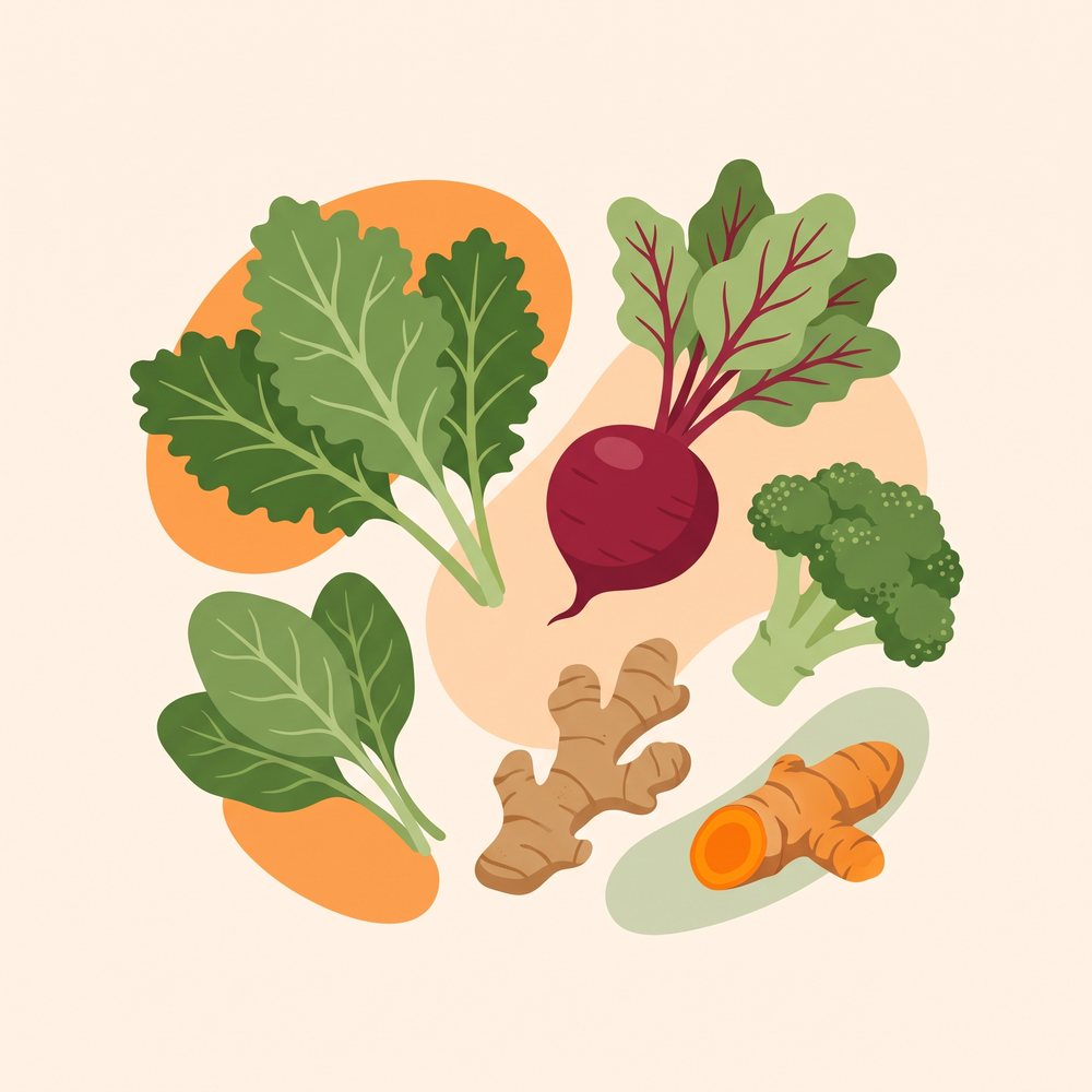 Illustration of kale, spinach, beet, broccoli, turmeric and ginger