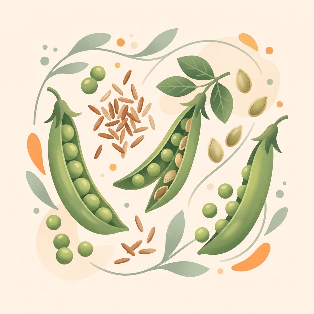 Illustration of pea pods, brown rice and pumpkin seeds