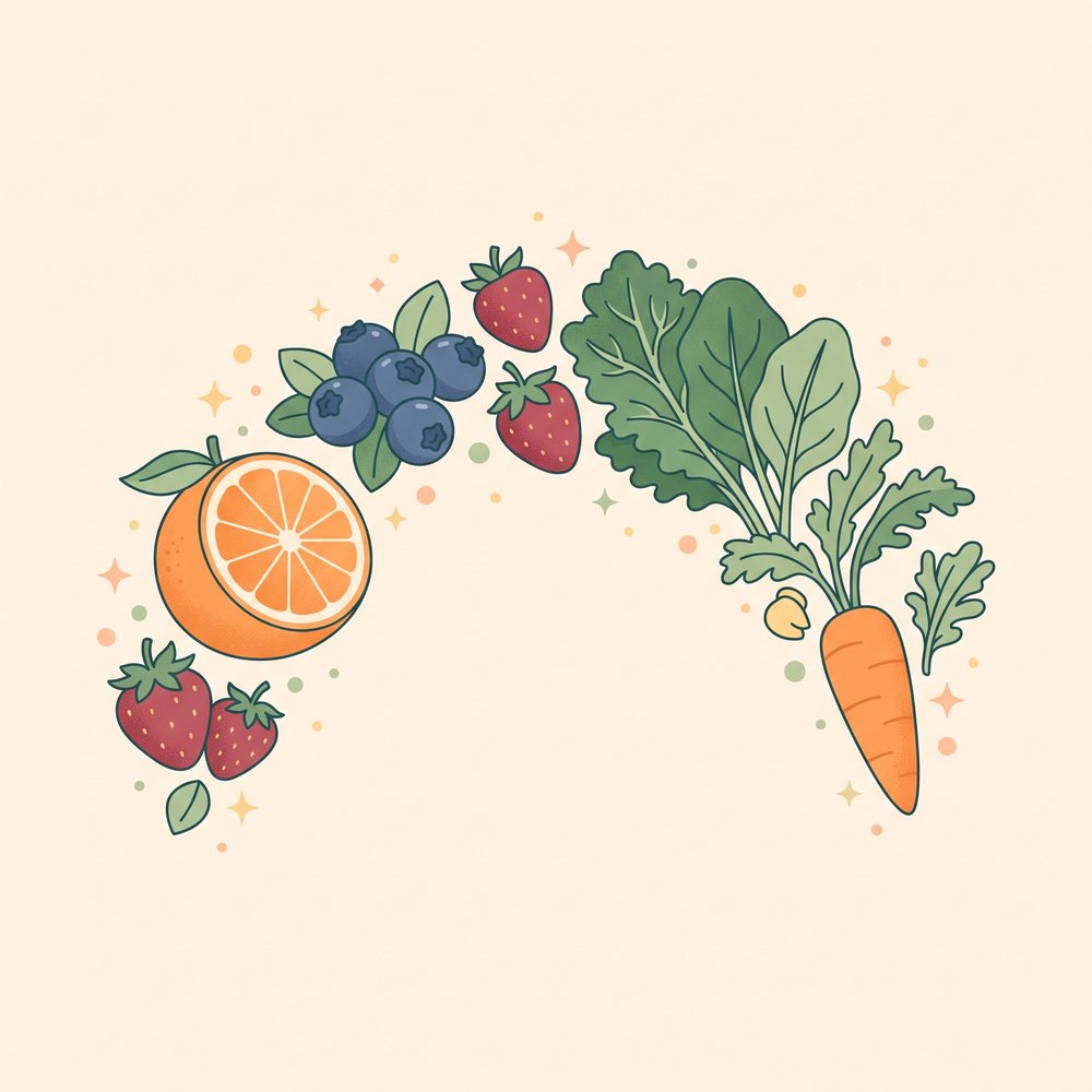Illustration of colorful produce with micronutrient accents