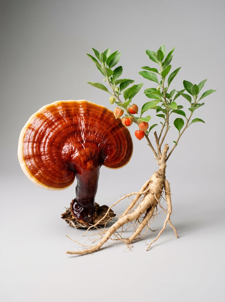 Reishi mushroom with ashwagandha plant and roots