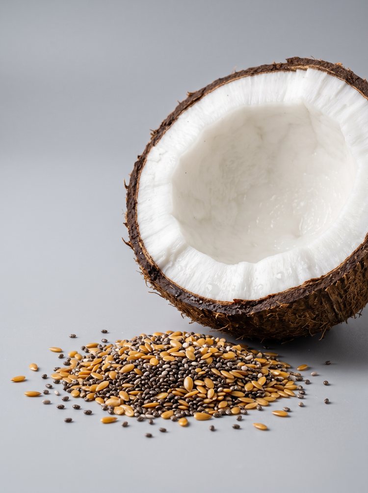 Coconut half with chia and flax seeds