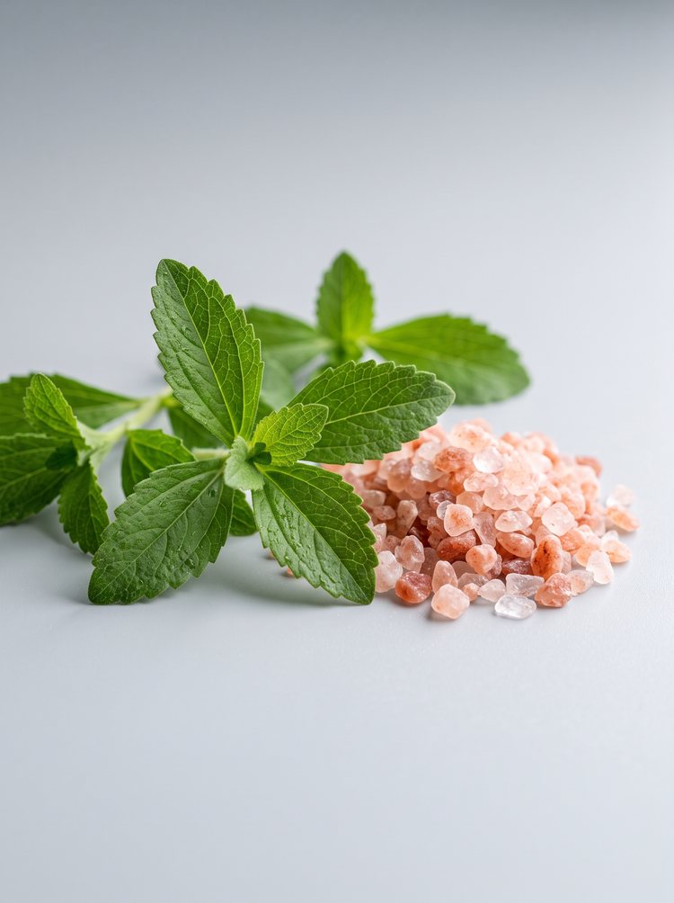 Stevia leaves with pink Himalayan salt