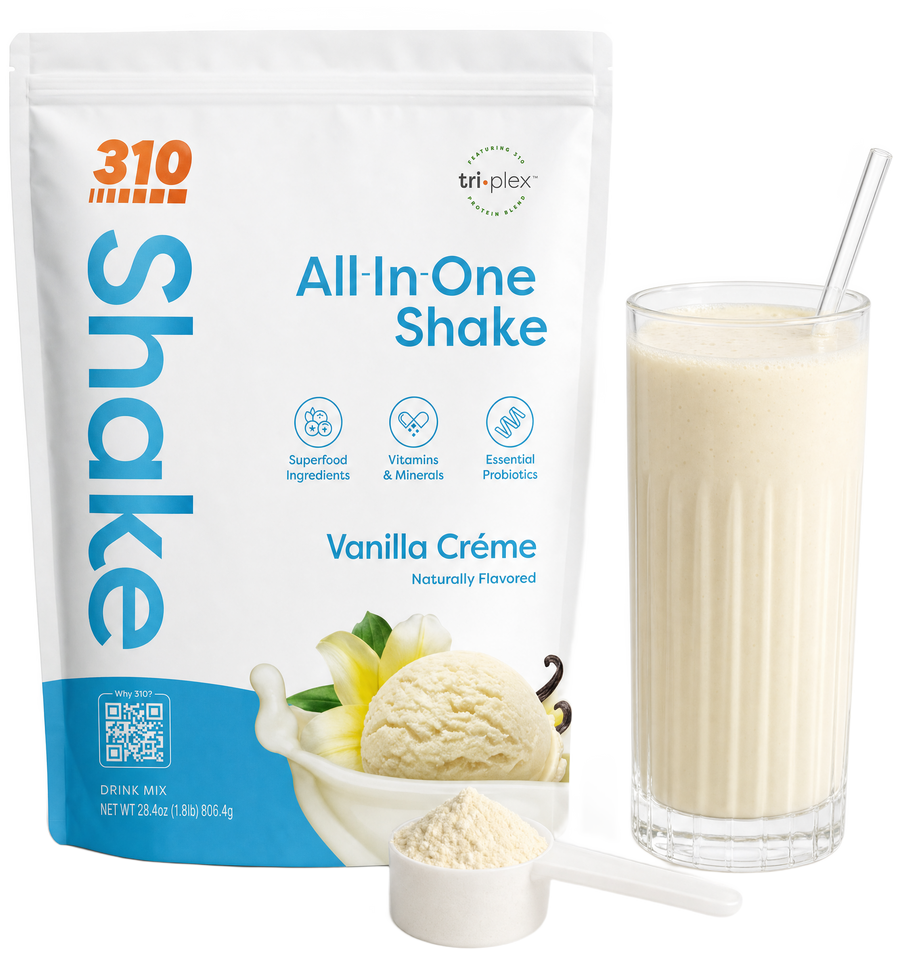 310 All-In-One Shake Vanilla Creme pouch with a prepared shake and a scoop of powder