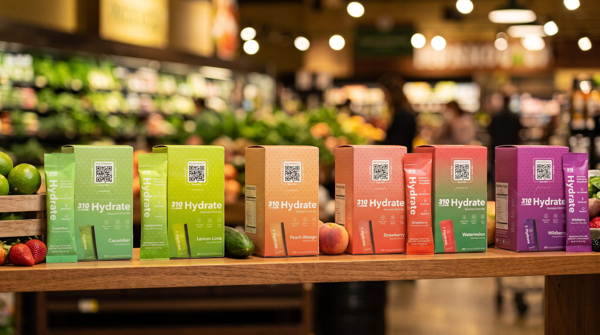 All six 310 Hydrate 15-count flavors displayed on a wooden table in a natural grocery store