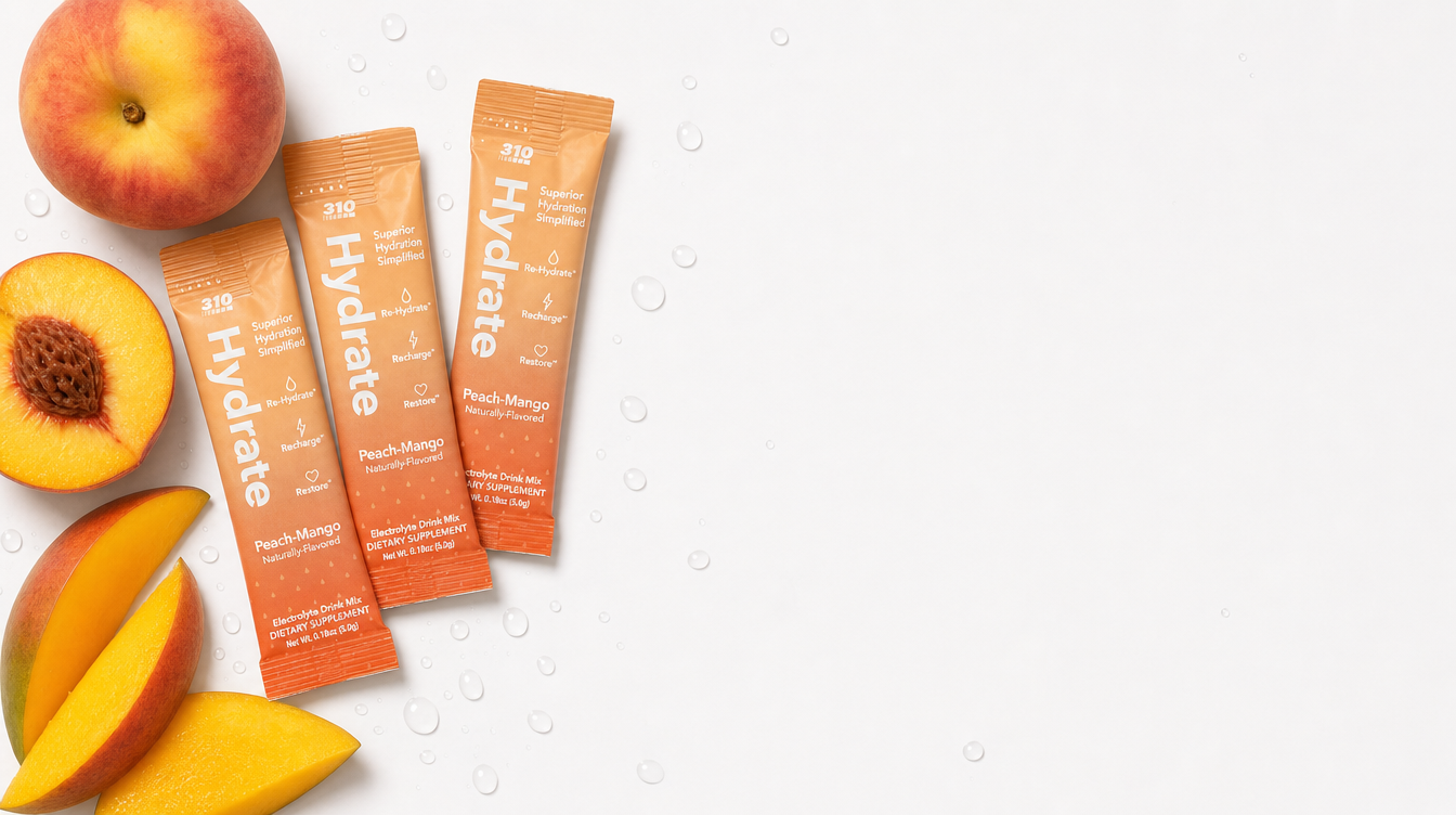 310 Hydrate Peach Mango stick packets with fresh peach and mango