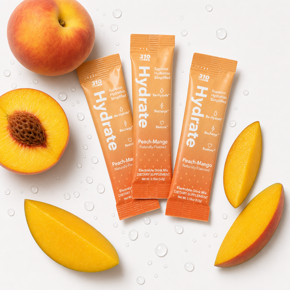 310 Hydrate Peach Mango stick packets with fresh peach and mango