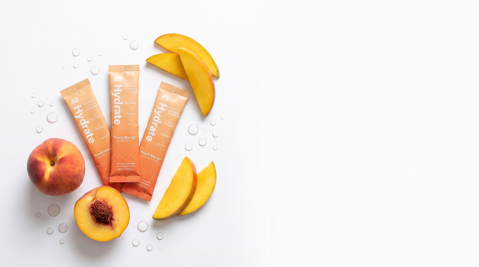 310 Hydrate Peach Mango stick packets with fresh peach and mango slices